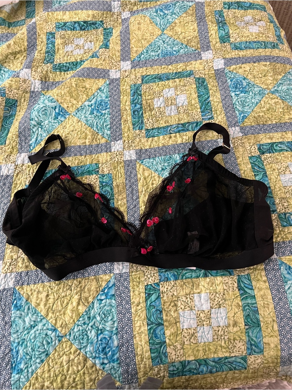 Cacique Black Sheer Lace Bralette with Pink Rose Accents